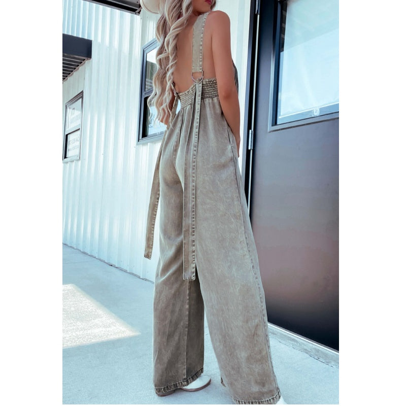 V-Neck Sleeveless Sexy Open-Back Washed Denim Jumpsuit