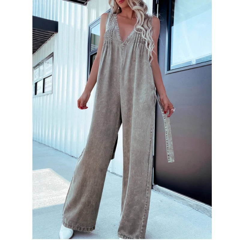 V-Neck Sleeveless Sexy Open-Back Washed Denim Jumpsuit