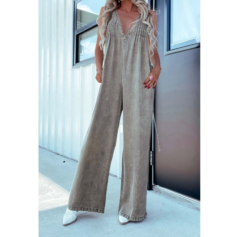 V-Neck Sleeveless Sexy Open-Back Washed Denim Jumpsuit