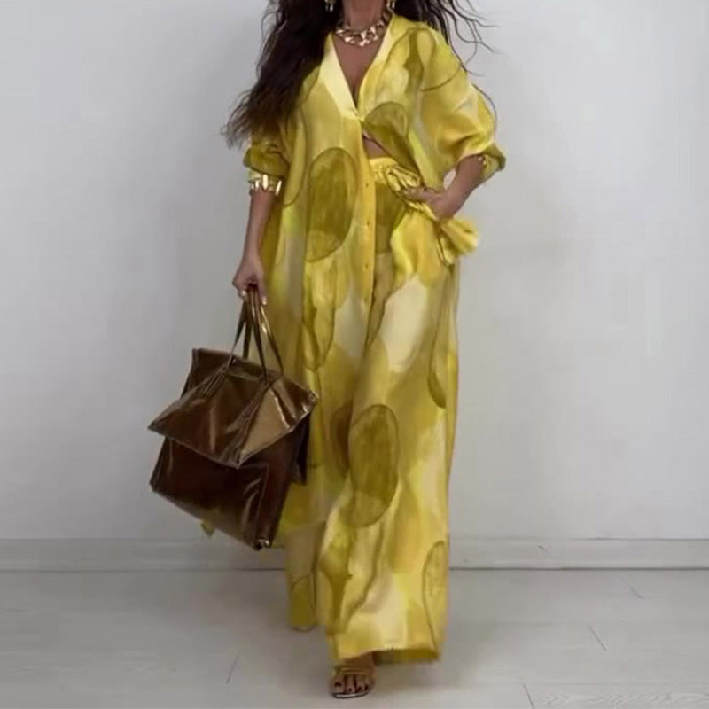 ⏳Time-limited Special⏰Fashion Print Long Sleeve Shirt & Wide Leg Pants 2-Piece Set