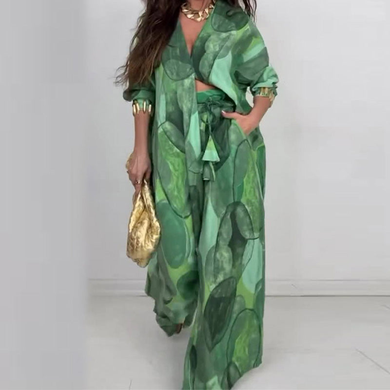 ⏳Time-limited Special⏰Fashion Print Long Sleeve Shirt & Wide Leg Pants 2-Piece Set