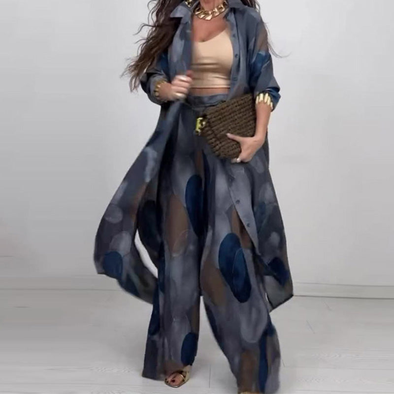 ⏳Time-limited Special⏰Fashion Print Long Sleeve Shirt & Wide Leg Pants 2-Piece Set