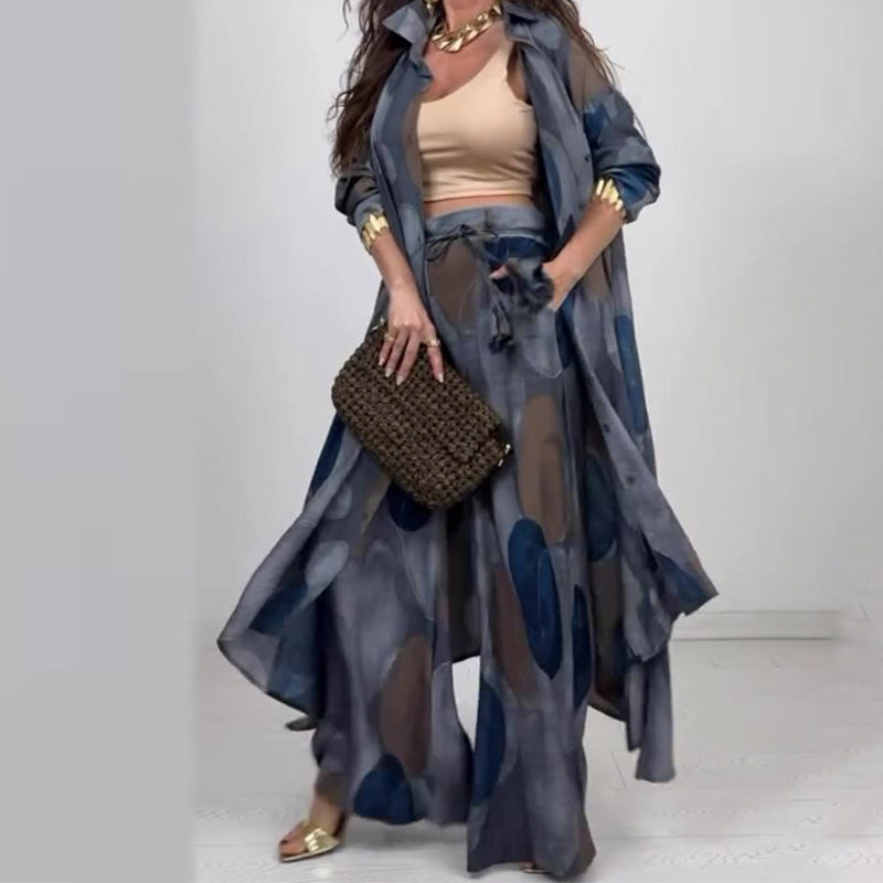 ⏳Time-limited Special⏰Fashion Print Long Sleeve Shirt & Wide Leg Pants 2-Piece Set