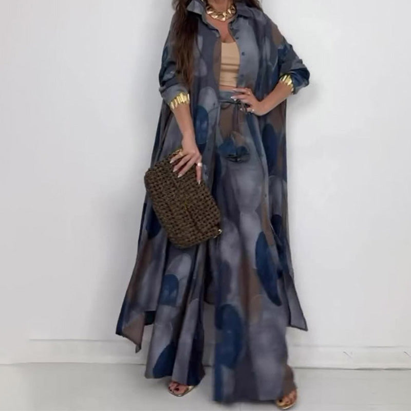 ⏳Time-limited Special⏰Fashion Print Long Sleeve Shirt & Wide Leg Pants 2-Piece Set
