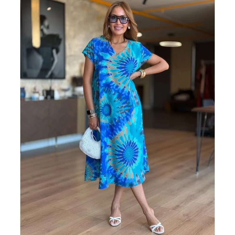Women's Casual V-Neck Printed Maxi Dress