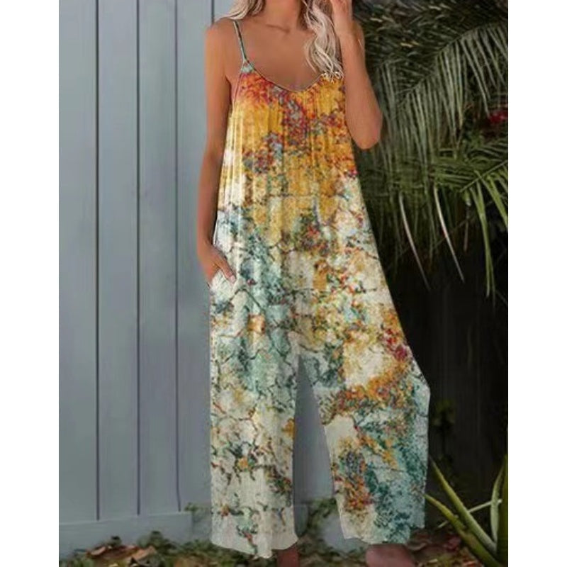🔥Summer Hot Sale💝Women's Casual Strap Loose Tie-Dye Wide Leg Jumpsuit