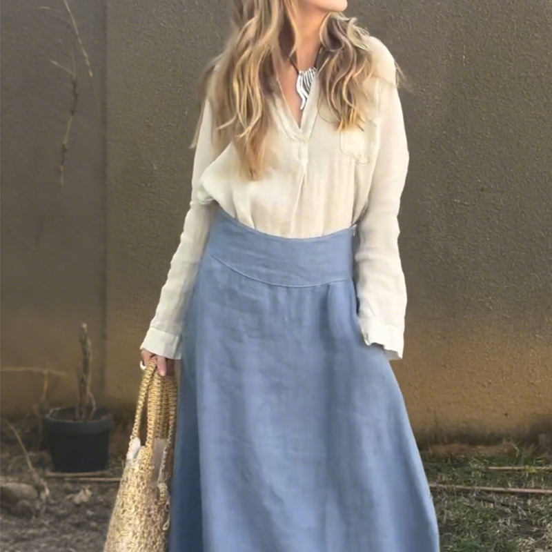 Long Sleeve Shirt & High Waisted A-line Skirt 2-Piece Set