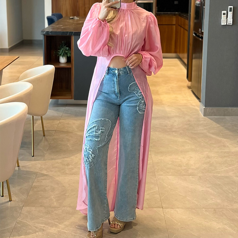 Mandarin Collar & Puffed Sleeve Asymmetrical Top
