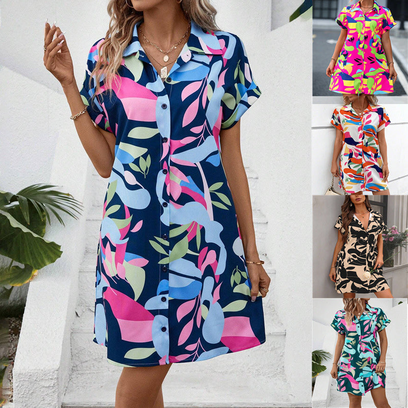 Women's Fashion Floral Print Short Sleeve Shirt Dress