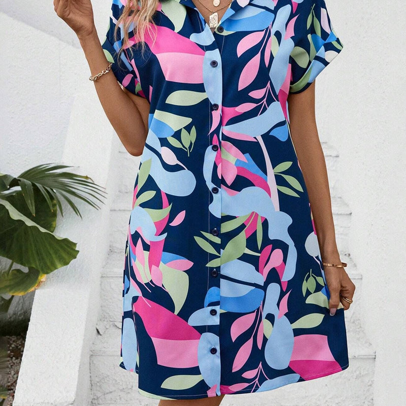 Women's Fashion Floral Print Short Sleeve Shirt Dress