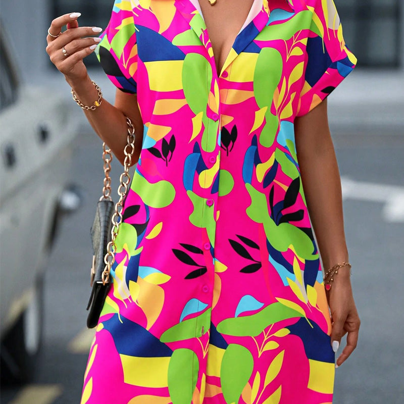 Women's Fashion Floral Print Short Sleeve Shirt Dress