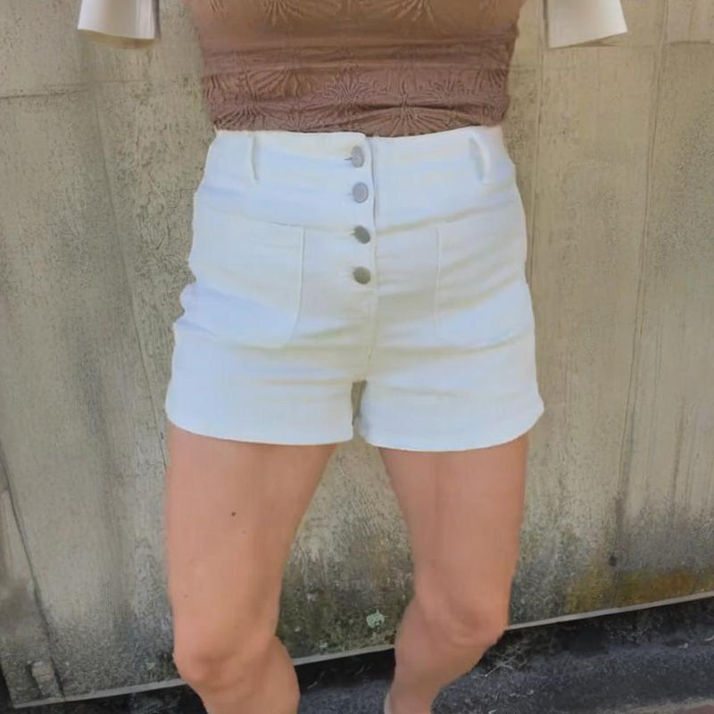 Women's White High-Waist Denim Short Pants with Multiple Button Rows