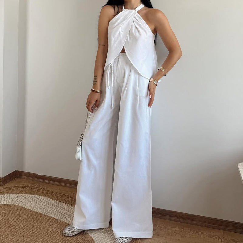 Casual Halter Top & Wide Leg Pants 2-Piece Set for Women