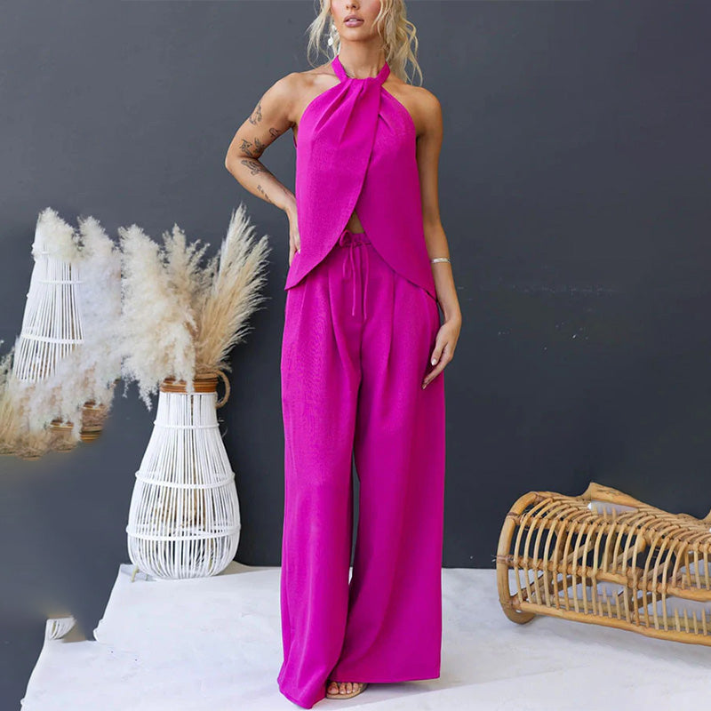 Casual Halter Top & Wide Leg Pants 2-Piece Set for Women