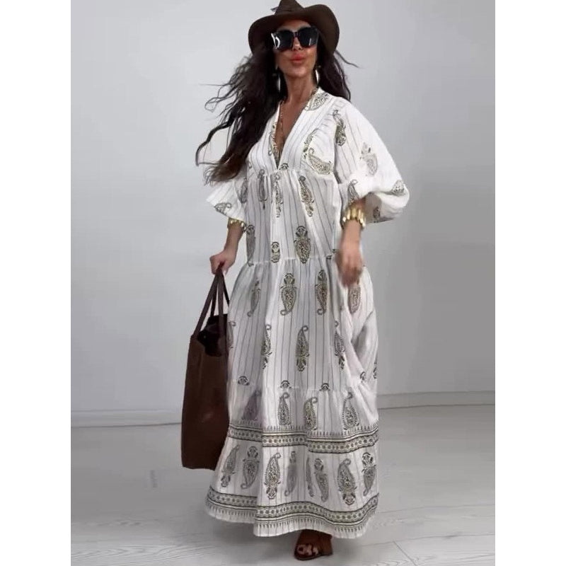 Women's Casual Printed Long-Sleeve Maxi Dress