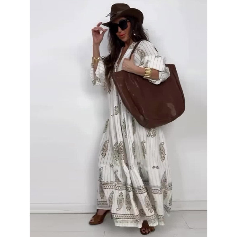 Women's Casual Printed Long-Sleeve Maxi Dress