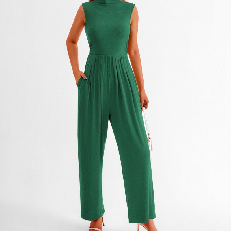 Women’s Sleeveless Solid-color Casual Wide-leg Jumpsuit