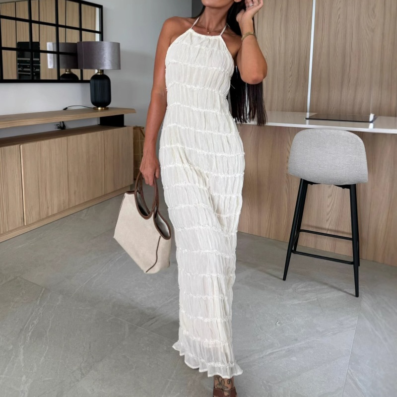 Sexy Pleated Texture Halter Neck Backless Maxi Dress