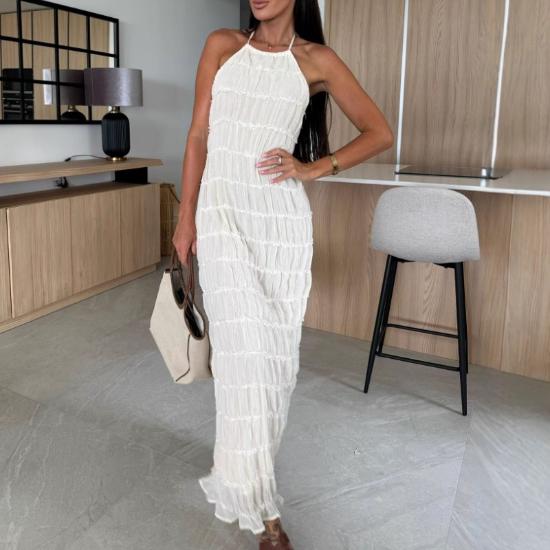 Sexy Pleated Texture Halter Neck Backless Maxi Dress