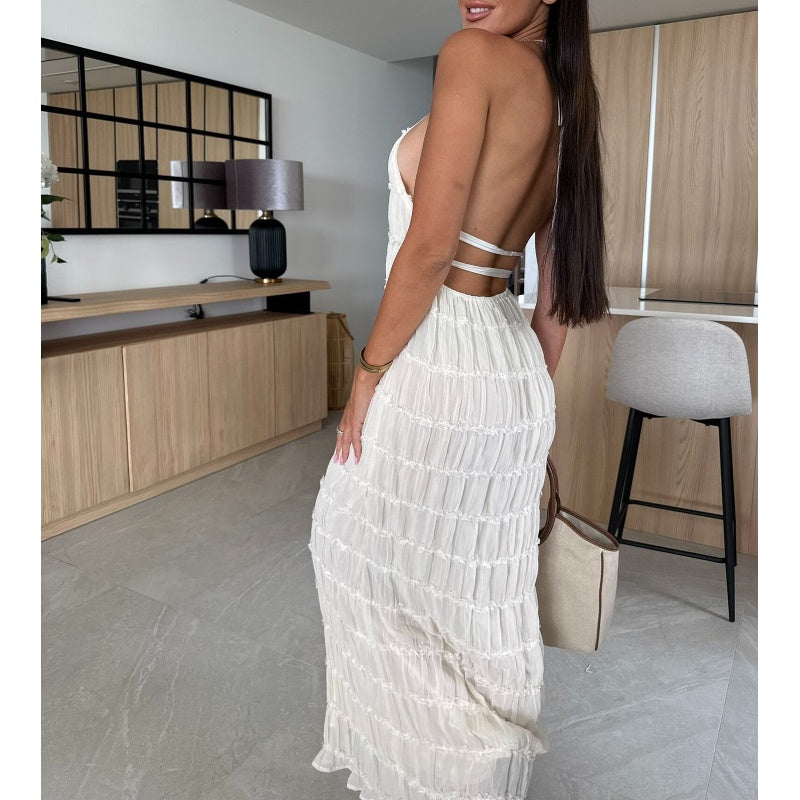 Sexy Pleated Texture Halter Neck Backless Maxi Dress