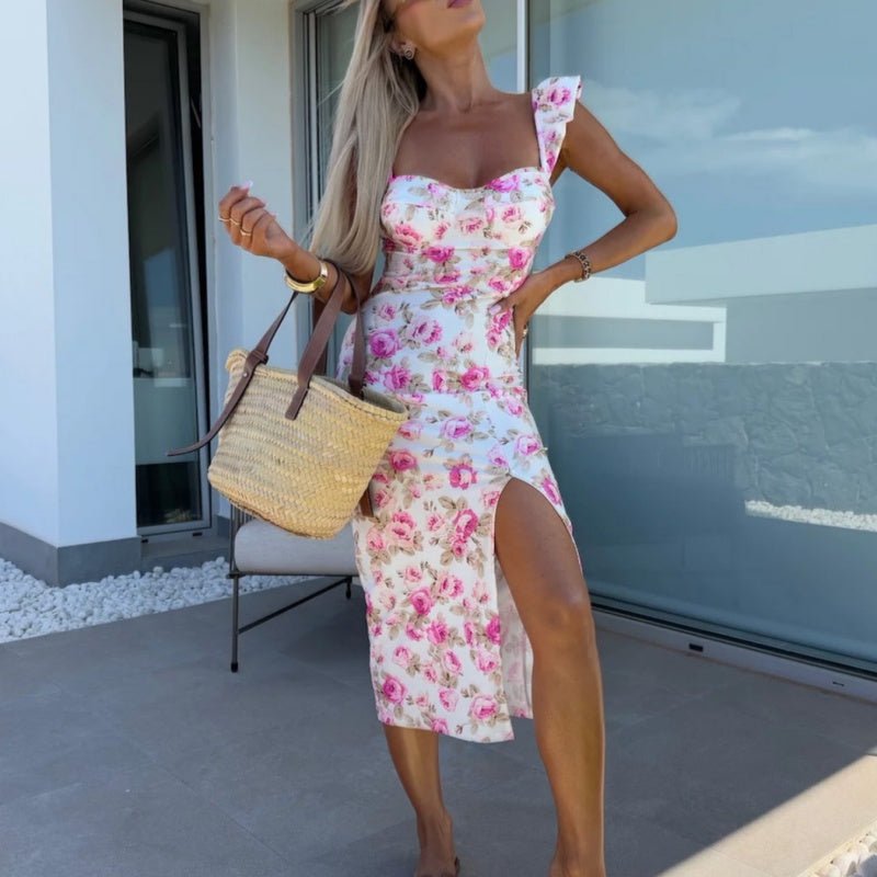 💜LAST DAY PROMOTION - 50%OFF💜Women's Elegant Floral Print Side Slit Dress