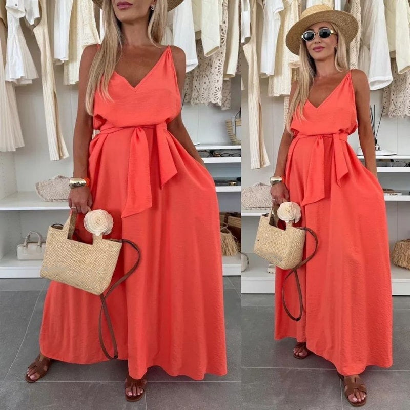 Women’s Spaghetti Strap Maxi Dress with Waist Tie
