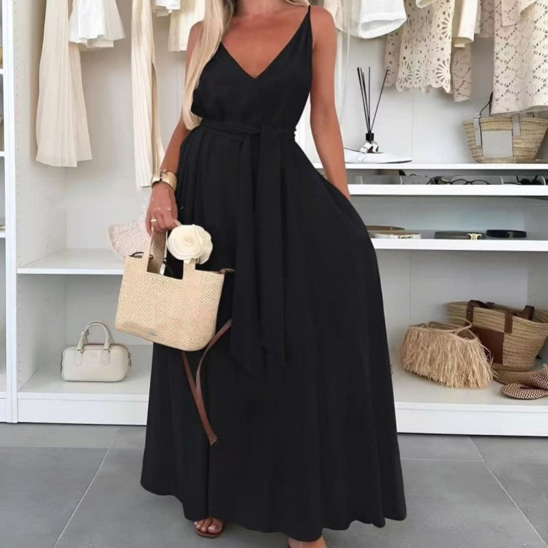 Women’s Spaghetti Strap Maxi Dress with Waist Tie