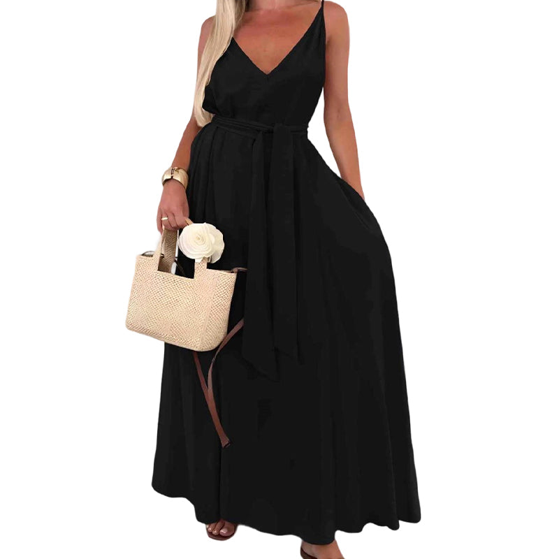 Women’s Spaghetti Strap Maxi Dress with Waist Tie