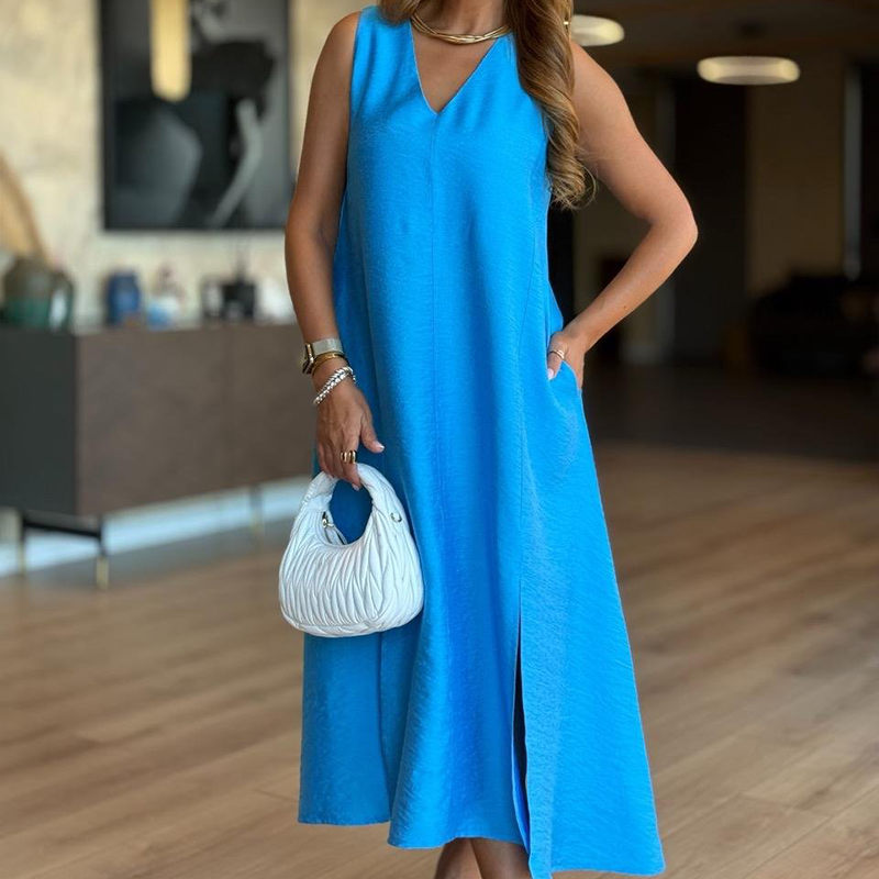 Solid Color V-Neck Sleeveless Slit Dress