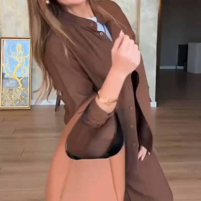 Solid Color Loose Shirt & High-Waisted Pants Set