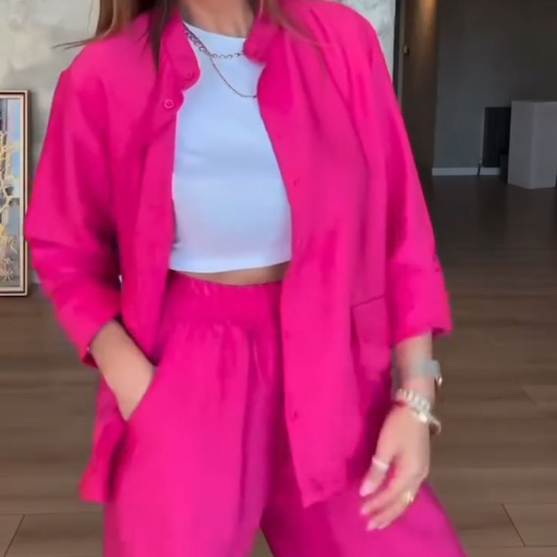 Solid Color Loose Shirt & High-Waisted Pants Set