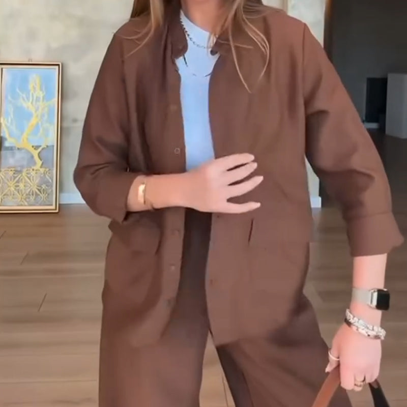 Solid Color Loose Shirt & High-Waisted Pants Set