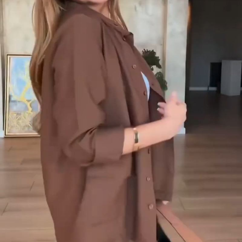 Solid Color Loose Shirt & High-Waisted Pants Set