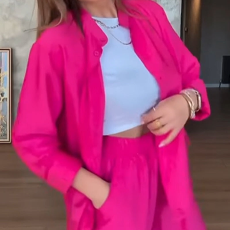 Solid Color Loose Shirt & High-Waisted Pants Set