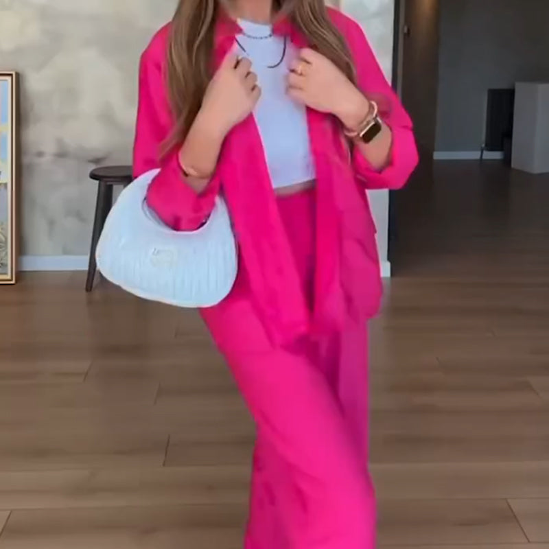 Solid Color Loose Shirt & High-Waisted Pants Set