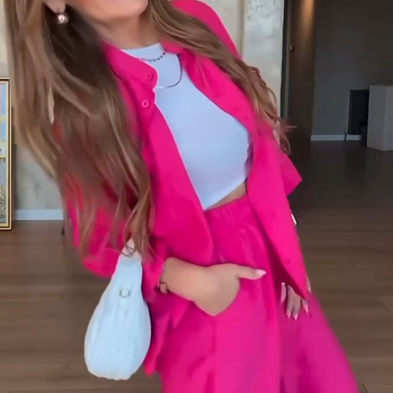 Solid Color Loose Shirt & High-Waisted Pants Set