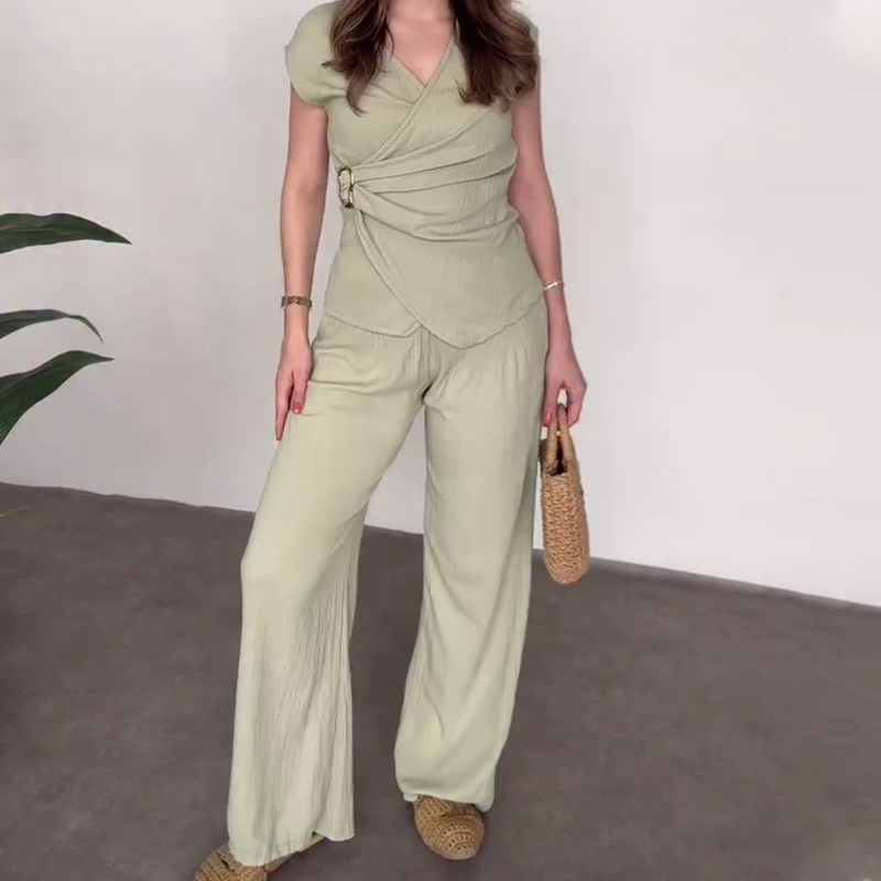 Women's V-Neck Top & Pants 2-Piece Set