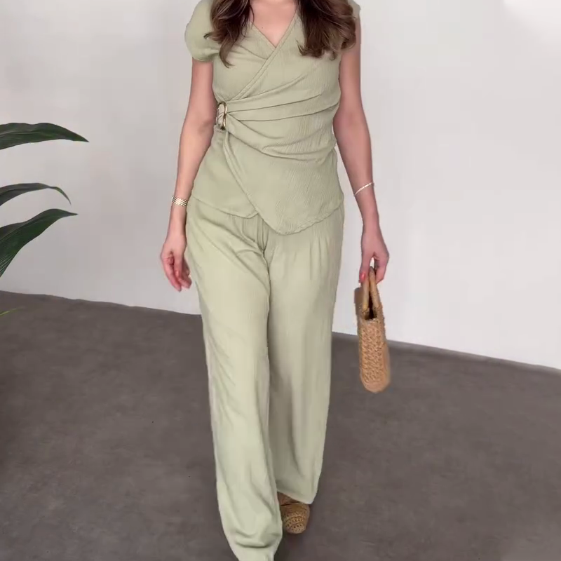 Women's V-Neck Top & Pants 2-Piece Set