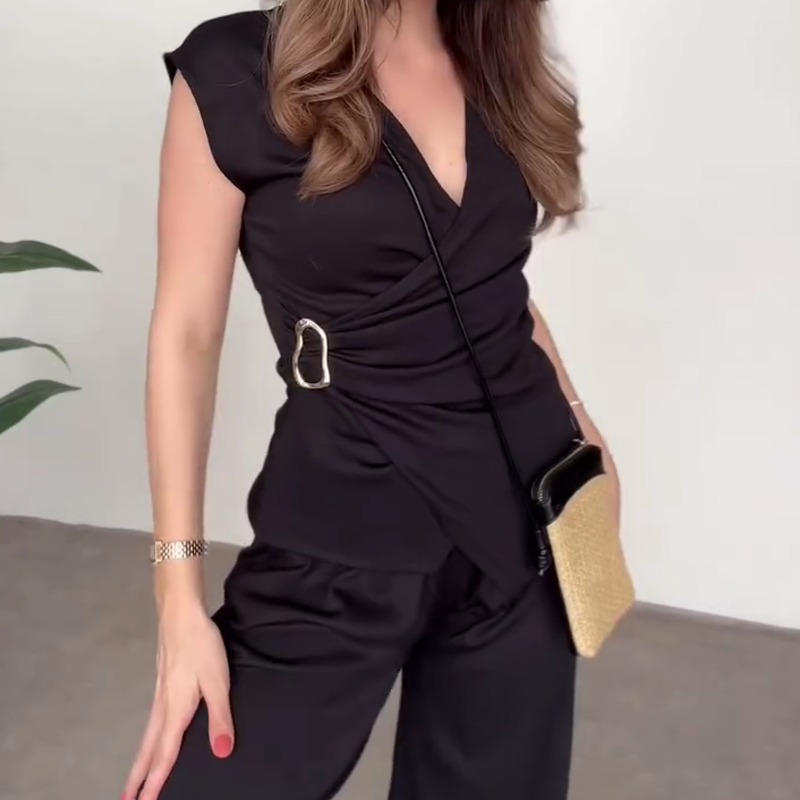 Women's V-Neck Top & Pants 2-Piece Set