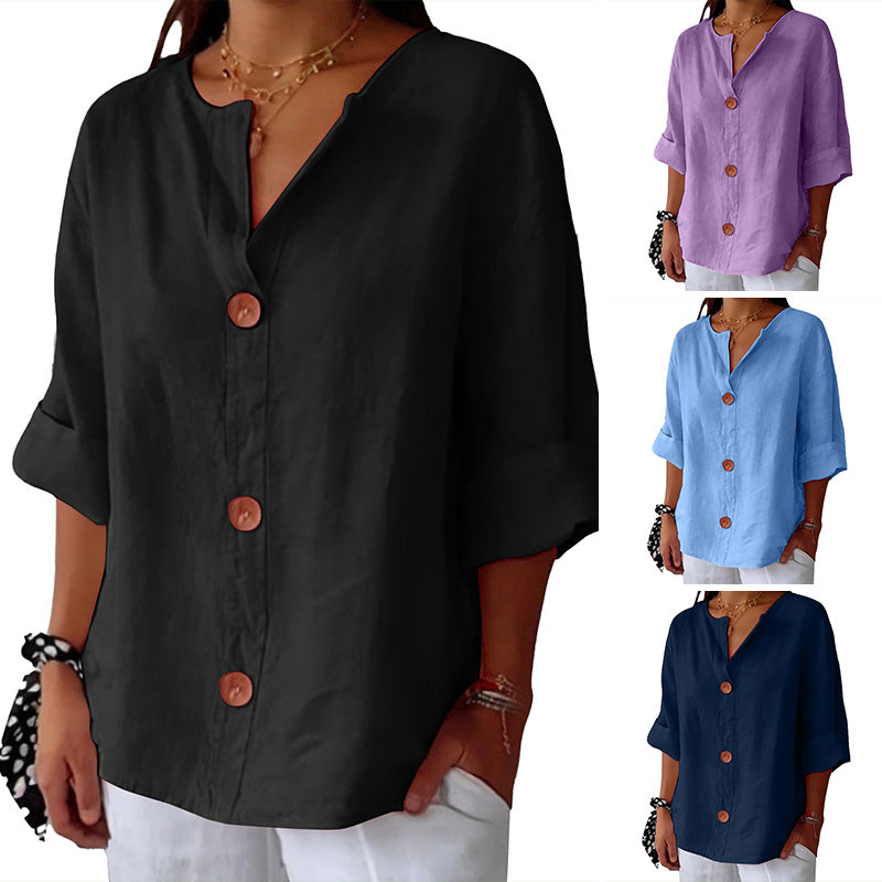 💓Limited Sale 50% Off💓Women's Loose V-Neck Top with Buttons and 3/4 Sleeves