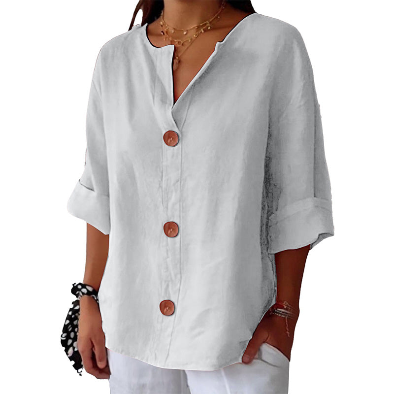 💓Limited Sale 50% Off💓Women's Loose V-Neck Top with Buttons and 3/4 Sleeves