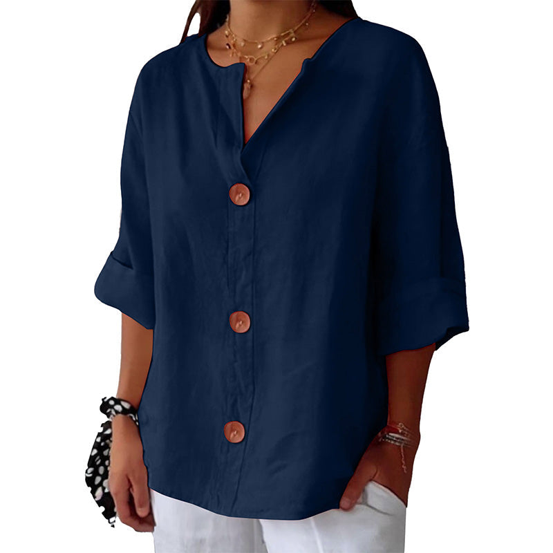 💓Limited Sale 50% Off💓Women's Loose V-Neck Top with Buttons and 3/4 Sleeves