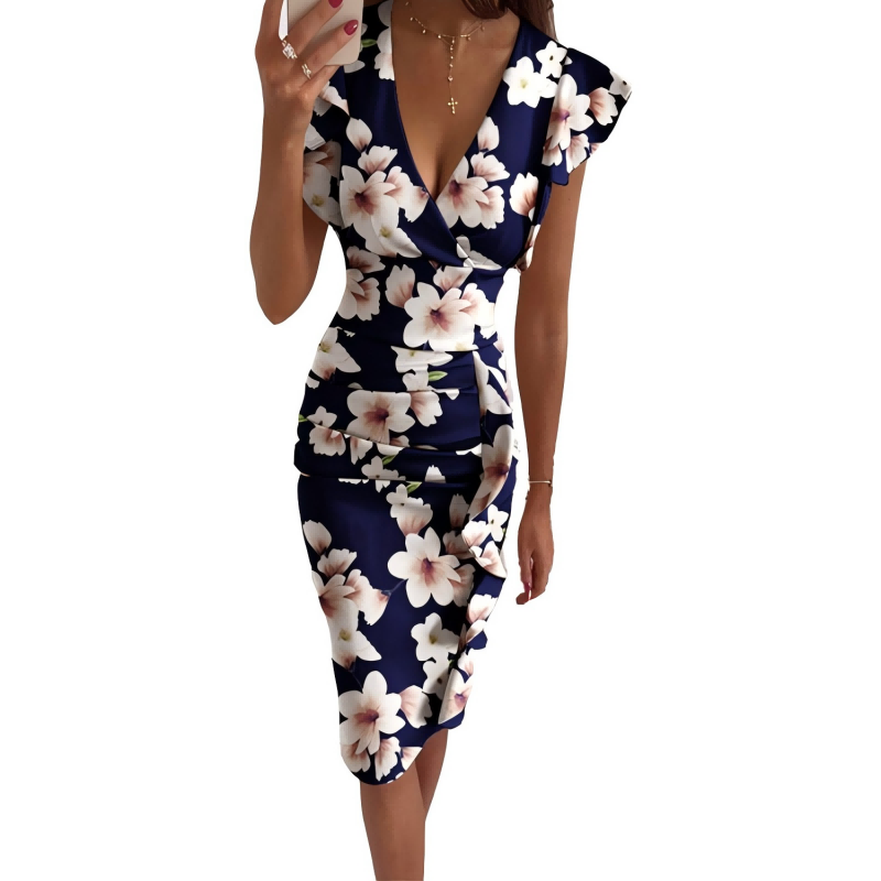 V-Neck Ruffled Slim-Fit Sexy High Waist Dress