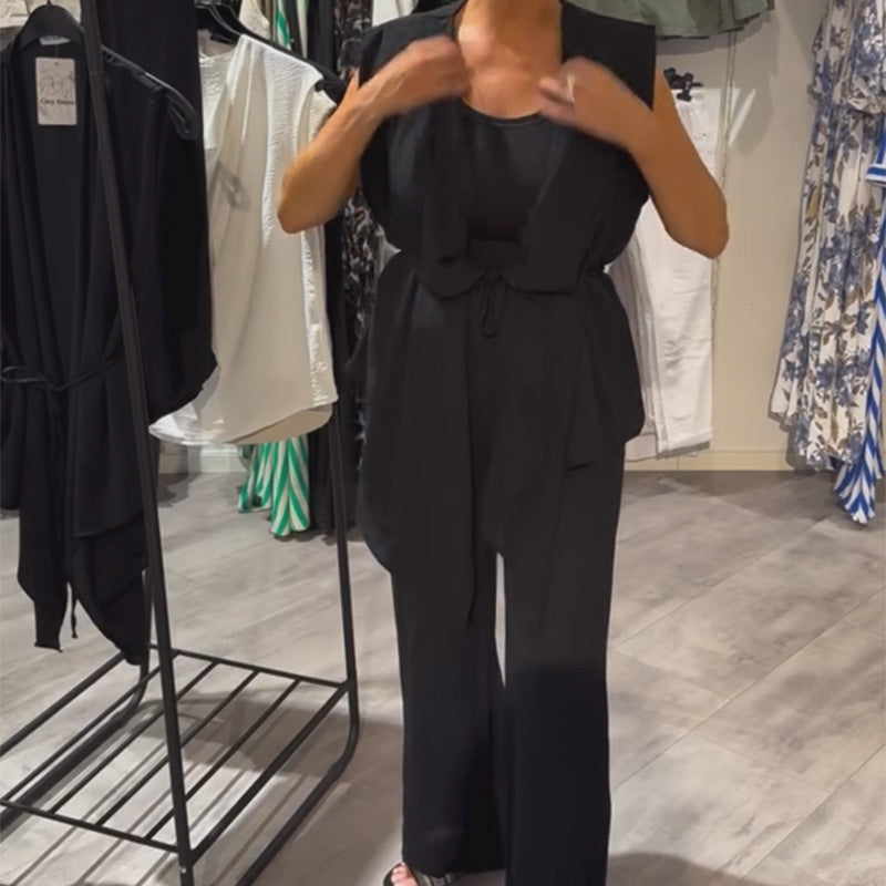 Black Sleeveless Set-Asymmetric Top & Wide-Leg Pants