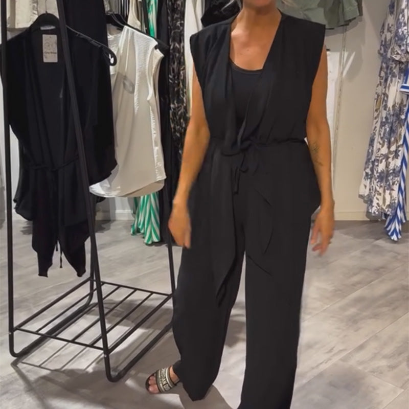 Black Sleeveless Set-Asymmetric Top & Wide-Leg Pants