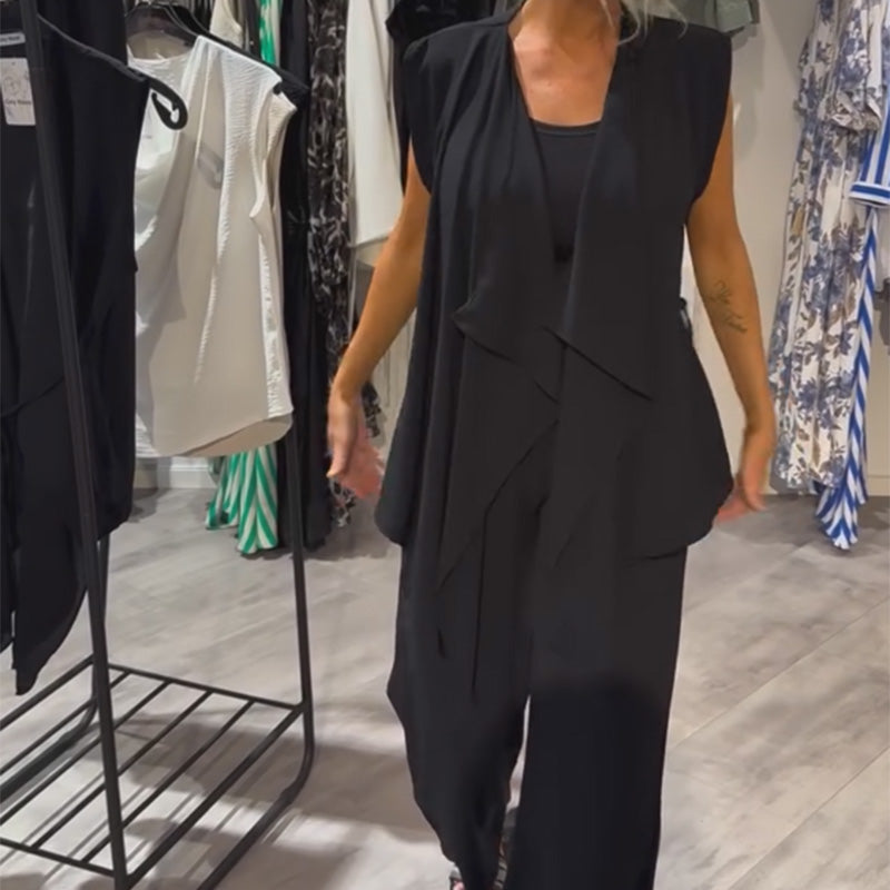Black Sleeveless Set-Asymmetric Top & Wide-Leg Pants