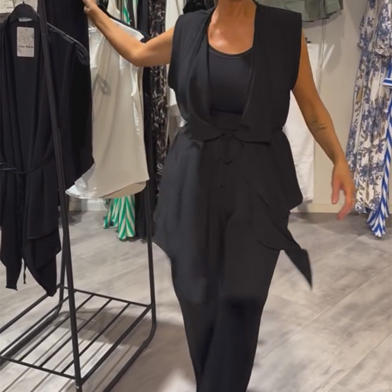 Black Sleeveless Set-Asymmetric Top & Wide-Leg Pants