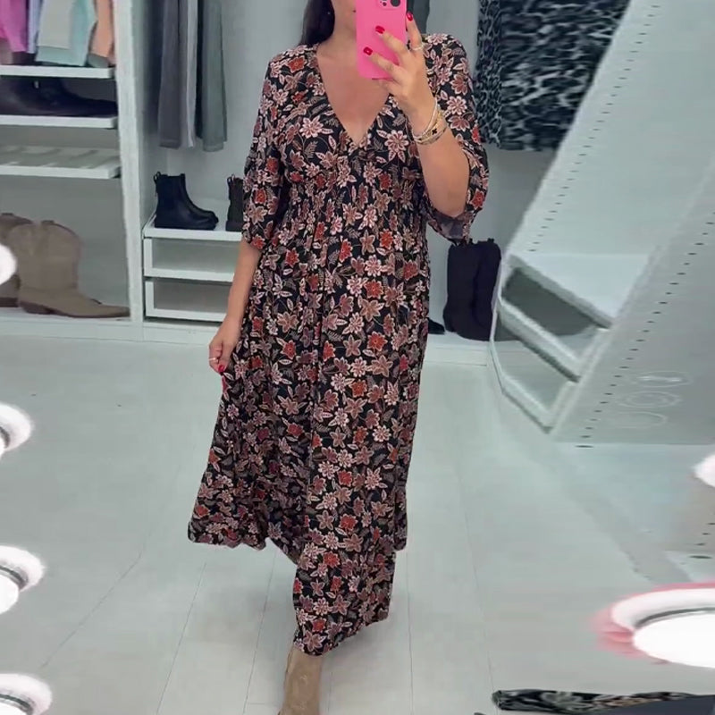 V-neck Printed Maxi Dress with 3/4 Sleeves