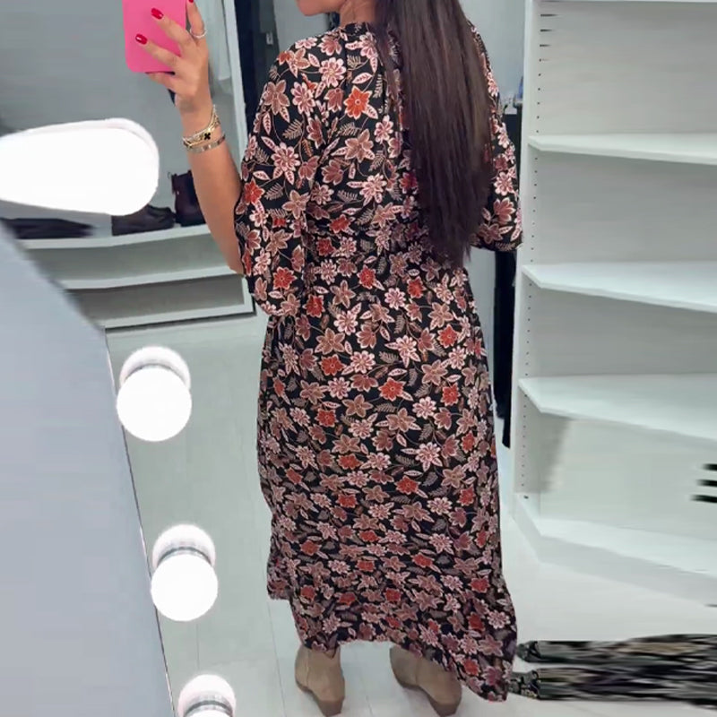 V-neck Printed Maxi Dress with 3/4 Sleeves