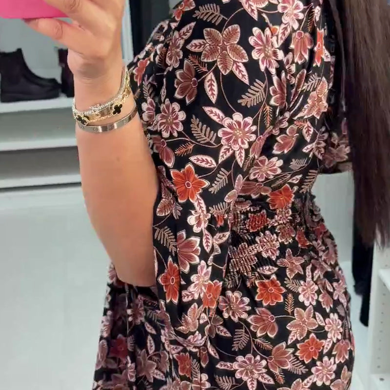 V-neck Printed Maxi Dress with 3/4 Sleeves